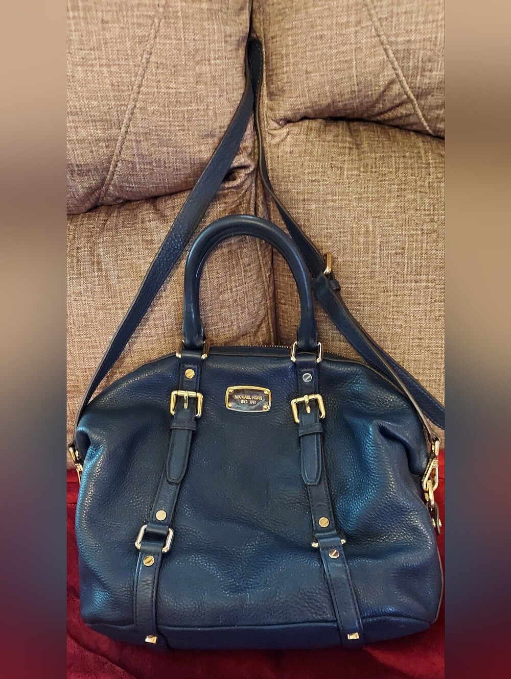 Michael Kors Navy Leather Satchel with Gold Hardware Accents & Shoulder Strap